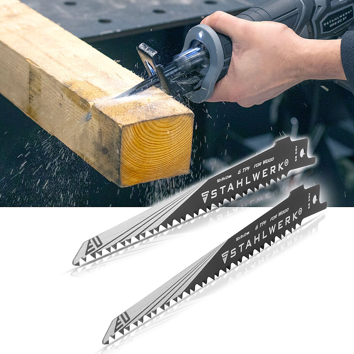 Steelworks wood-saw blade 2 Set 150 x 19 x 1.2 mm Long Life Saber Suckeled | Reciprosal blades with 1/2 inch recording and 6 TPI for saber saws | Recipanasaws | Stabs