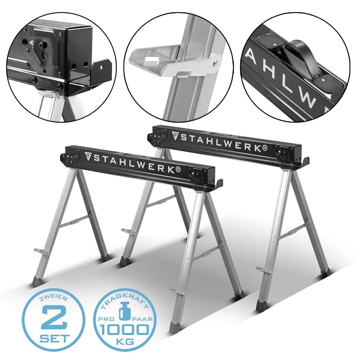 STAHLWERK Sägebock SB-757 ST im 2er Set pulverbeschichteter Metall-Arbeitsbock | Universal-Klappbock | Gerüstbock mit einer maximalen Tragkraft von 500 kg und seitlicher Halterung