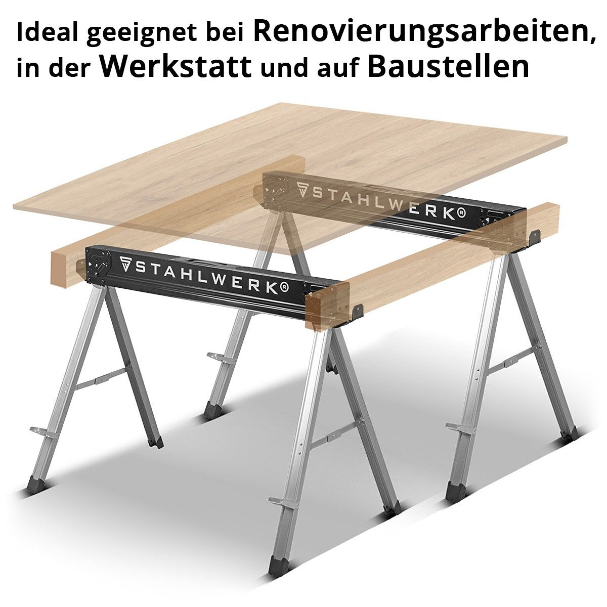 STAHLWERK Sägebock SB-757 ST im 2er Set pulverbeschichteter Metall-Arbeitsbock | Universal-Klappbock | Gerüstbock mit einer maximalen Tragkraft von 500 kg und seitlicher Halterung