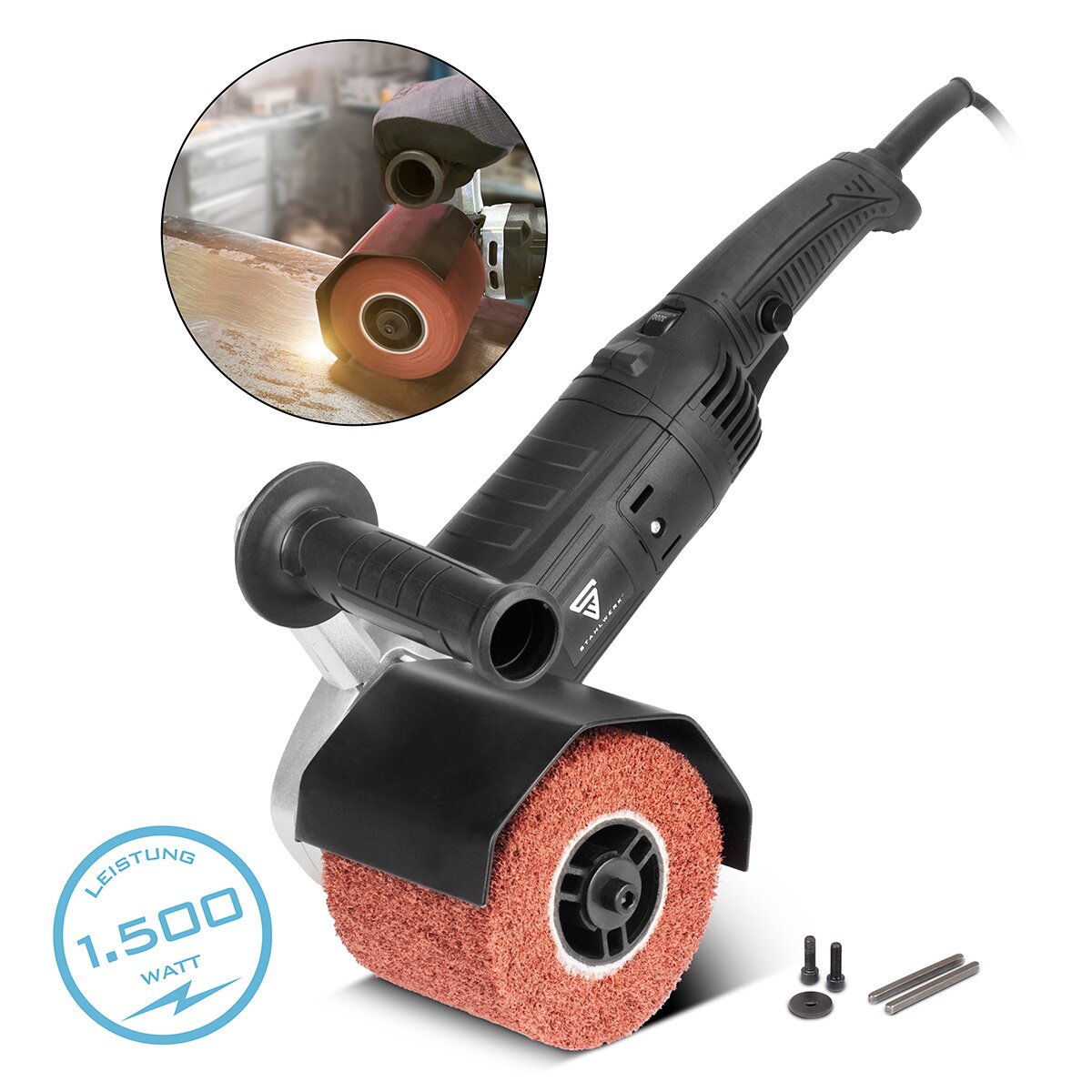 STAHLWERK Satiniermaschine SM-1500 ST mit 1.500 W Leistung und 600 - 3.200 U/min für 125 mm Satinierwalzen Bürstenschleifer | Walzenschleifmaschine | Bürstenschleifgerät | Schleifroller