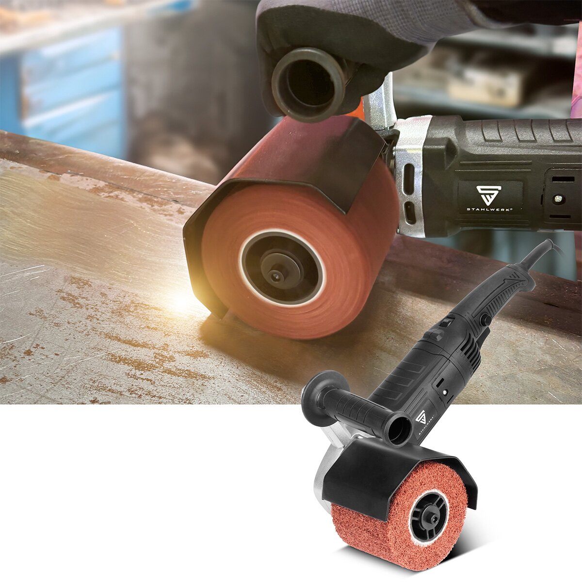 آلة الصقل STAHLWERK SM-1500 ST بقوة 1500 واط و600 - 3200 دورة في الدقيقة لصنفرة فرشاة الصنفرة ذات بكرات الساتان مقاس 125 مم | آلة طحن لفة | مطحنة الفرشاة | الأسطوانة الصنفرة