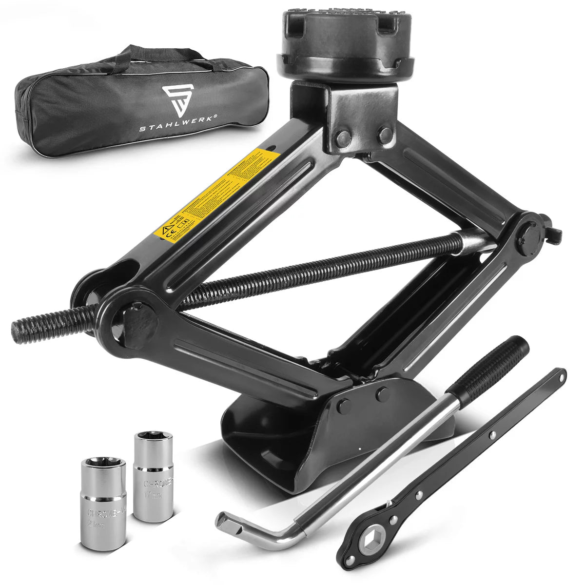 Cric per auto STAHLWERK SWH-2 ST | Martinetto a forbice | Capacità di sollevamento 2 tonnellate | Chiave per dadi ruota telescopica con presa 17, 19 mm | Borsa per il trasporto | Set di cric compatto per cambio gomme e officina