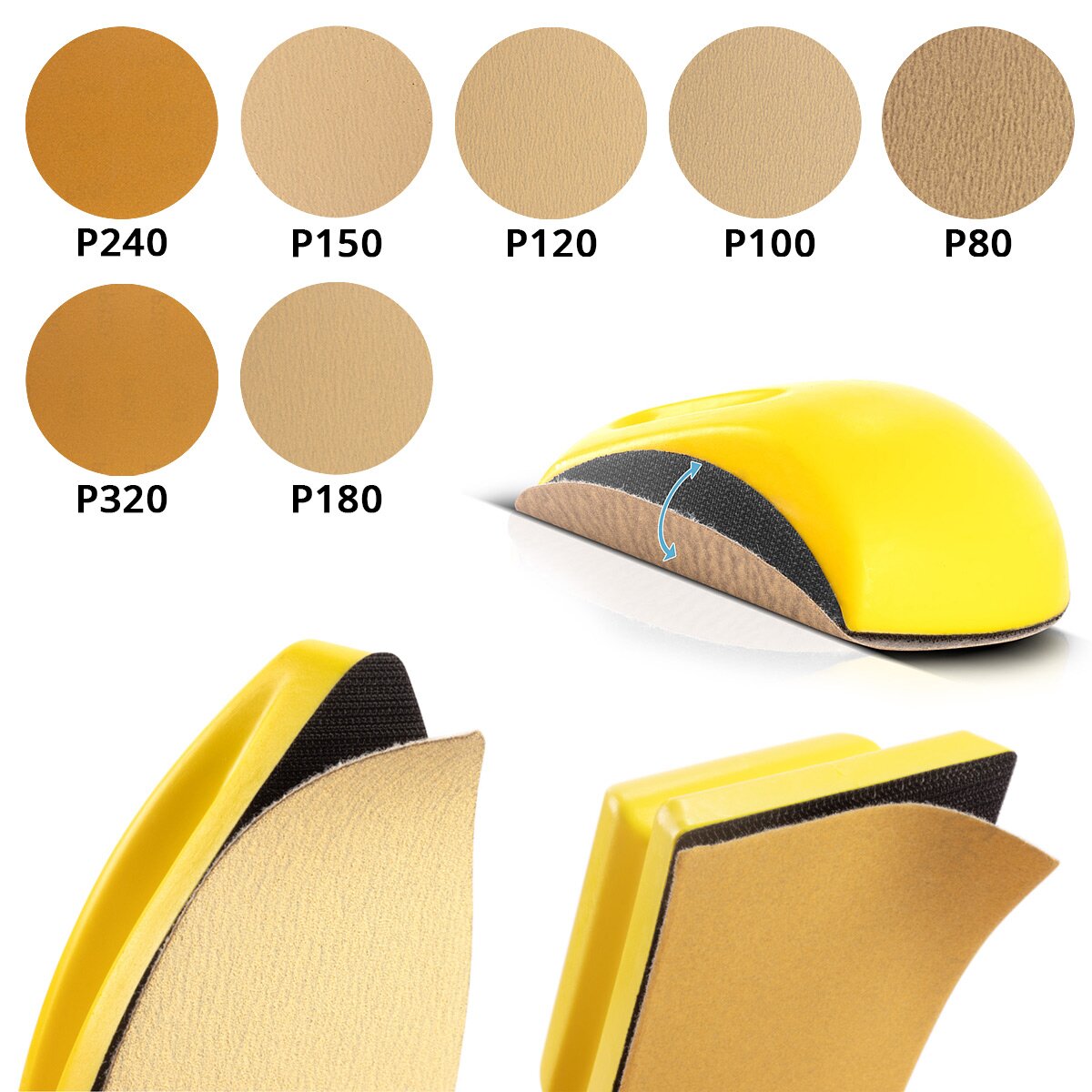 Bloque de molienda a mano de acero 3 set con P80 | P100 | P120 | P150 | P180 | P240 | P320 grano, bloque de molienda | Esponja terrestre | Almohadilla de molienda | Zapatilla | Molinillo manual hecho de espuma PU con agente de molienda de velcro