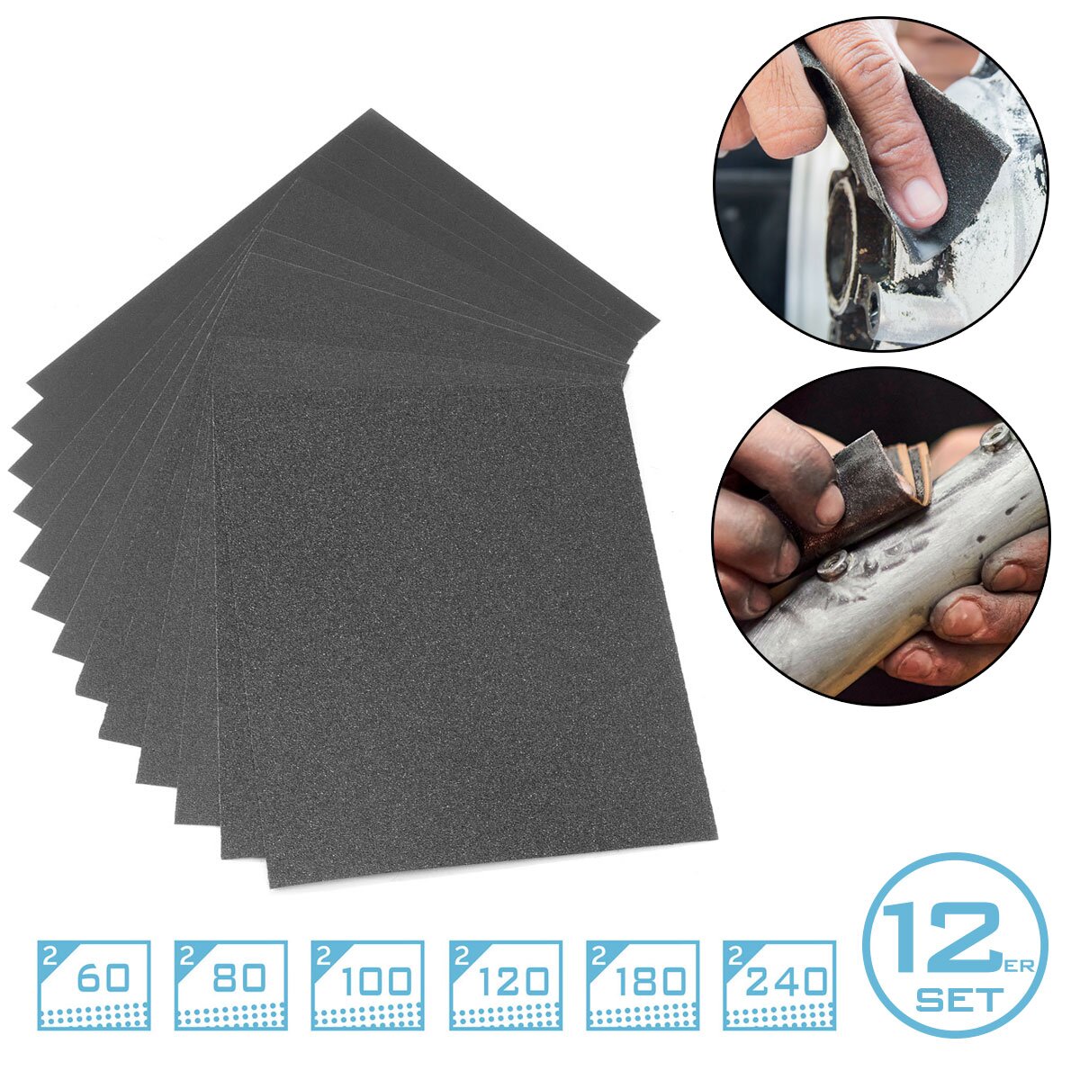 Steelwork sandpaper 12 Set 230 x 280 mm silicon carbide-smear-paper | Grinding pads | Grinding agent with 60 | 80 | 100 | 120 | 180 | 240 grit for grinding and polishing