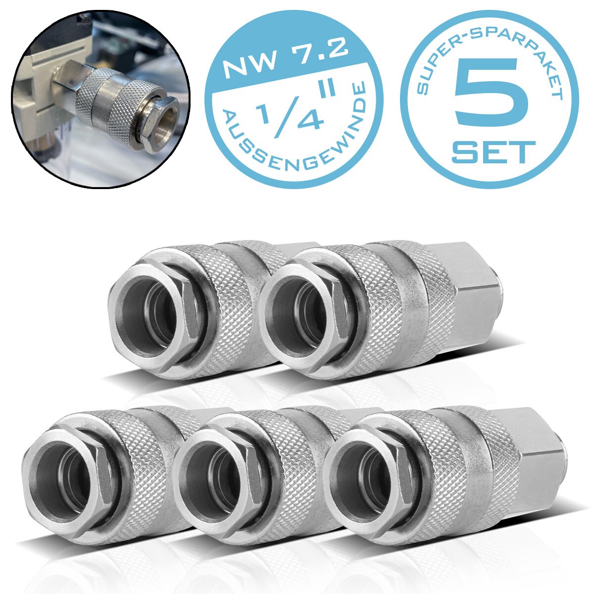 Steelworks 5 Establece NW 7.2 de fila de velocidad de aire comprimido con hilo exterior de 1/4 de pulgada, acoplamiento | Enchufe | Adaptador | Accesorios para compresores de aire comprimido