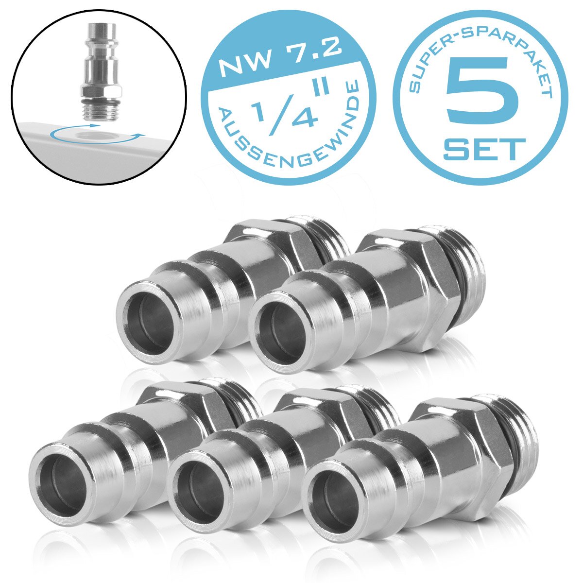 Steelwork 5 Set Comprimed Air Speed ​​Stcniptel NW 7.2 con rosca exterior de 1/4 pulgadas, pezón enchufable | Taza | Enchufe | Adaptador | Accesorios para compresores de aire comprimido