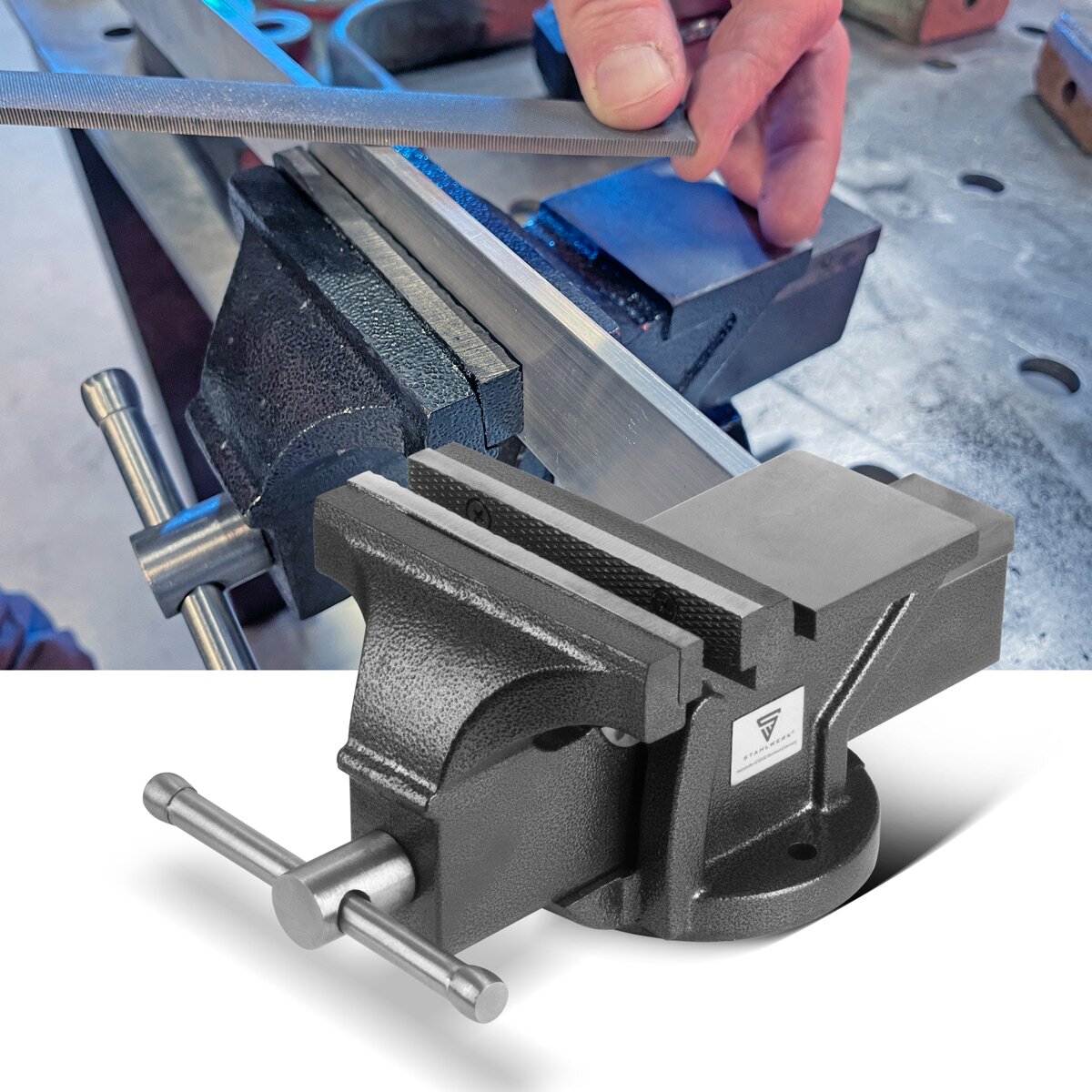 STAHLWERK Schraubstock BV-150 ST aus Gusseisen mit 150 mm Spannweite, Maschinenschraubstock | Werkbankschraubstock | Spannvorrichtung | Parallelschraubstock | Tischschraubstock mit Amboss