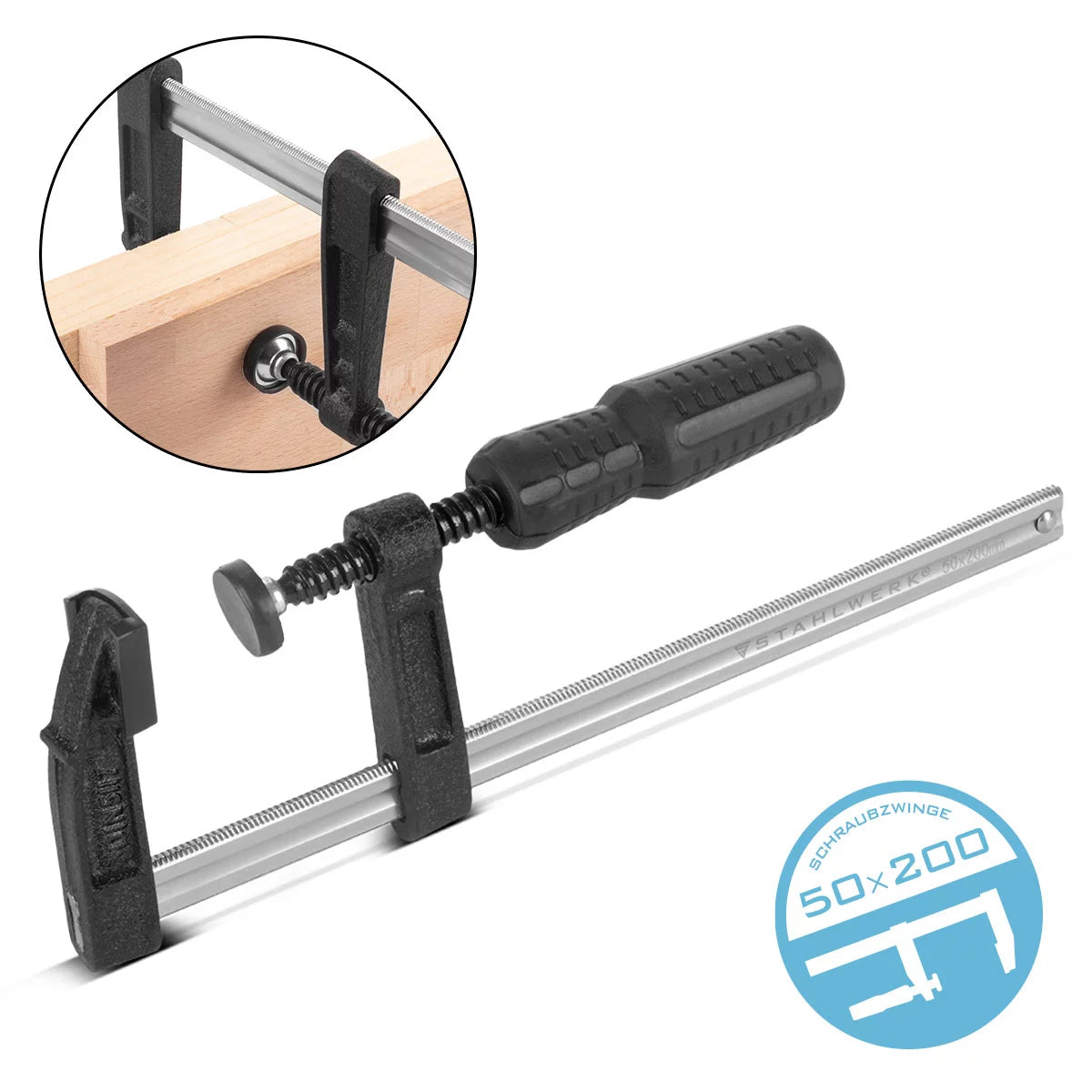 Steelwork screw clamp 50x200 mm | powerful clamping clamp made of steel and plastic | F-Zwinge for fixing workpieces | Stable compound with span of 200 mm, clamping depth 50 mm