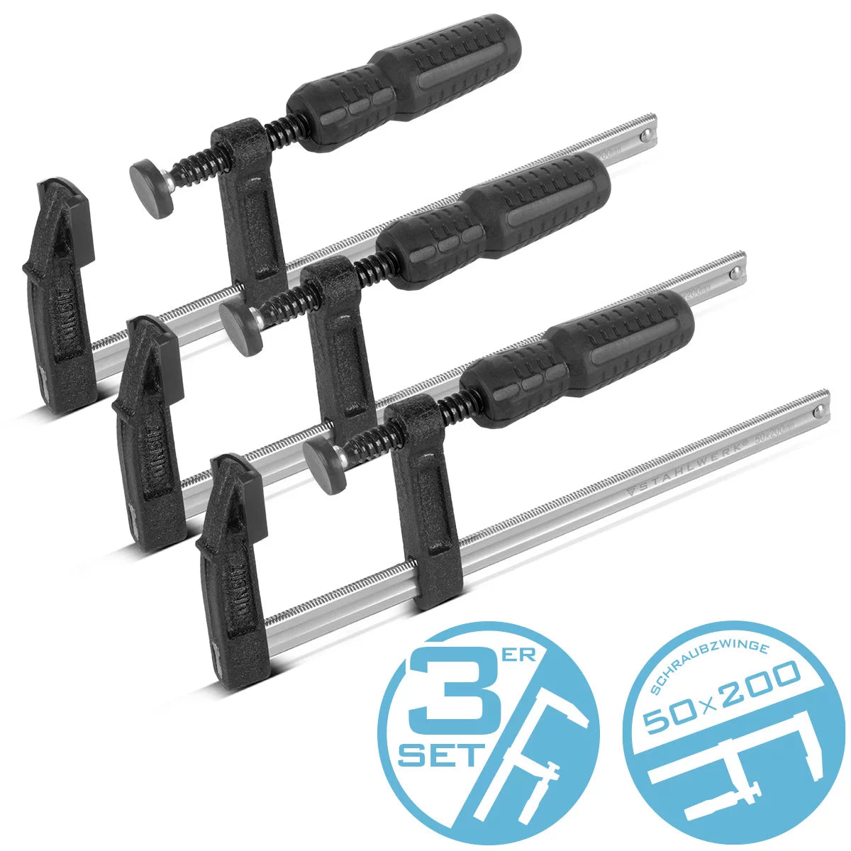 Steelworks 3 x screw clamp 50x200 mm | powerful clamping clamp made of steel and plastic | F-Zwinge for fixing workpieces | Stable compound with span of 200 mm, clamping depth 50 mm