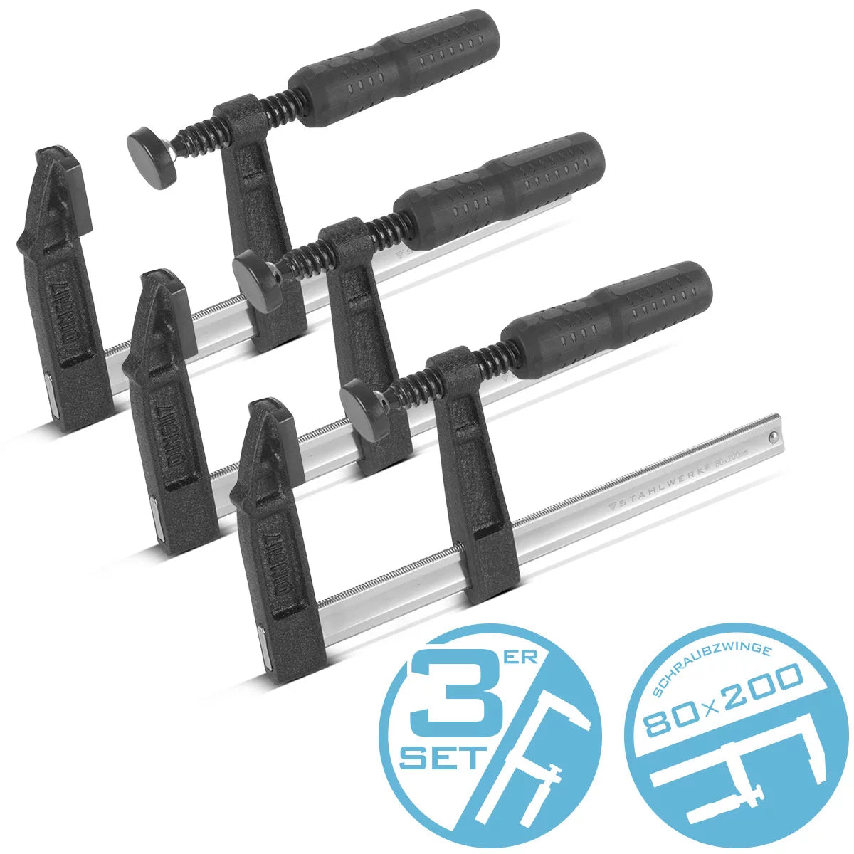 Steelwork 3 x screw clamp 80x200 mm | powerful clamping clamp made of steel and plastic | F-Zwinge for fixing workpieces | Stable compound with span of 200 mm, clamping depth 80 mm