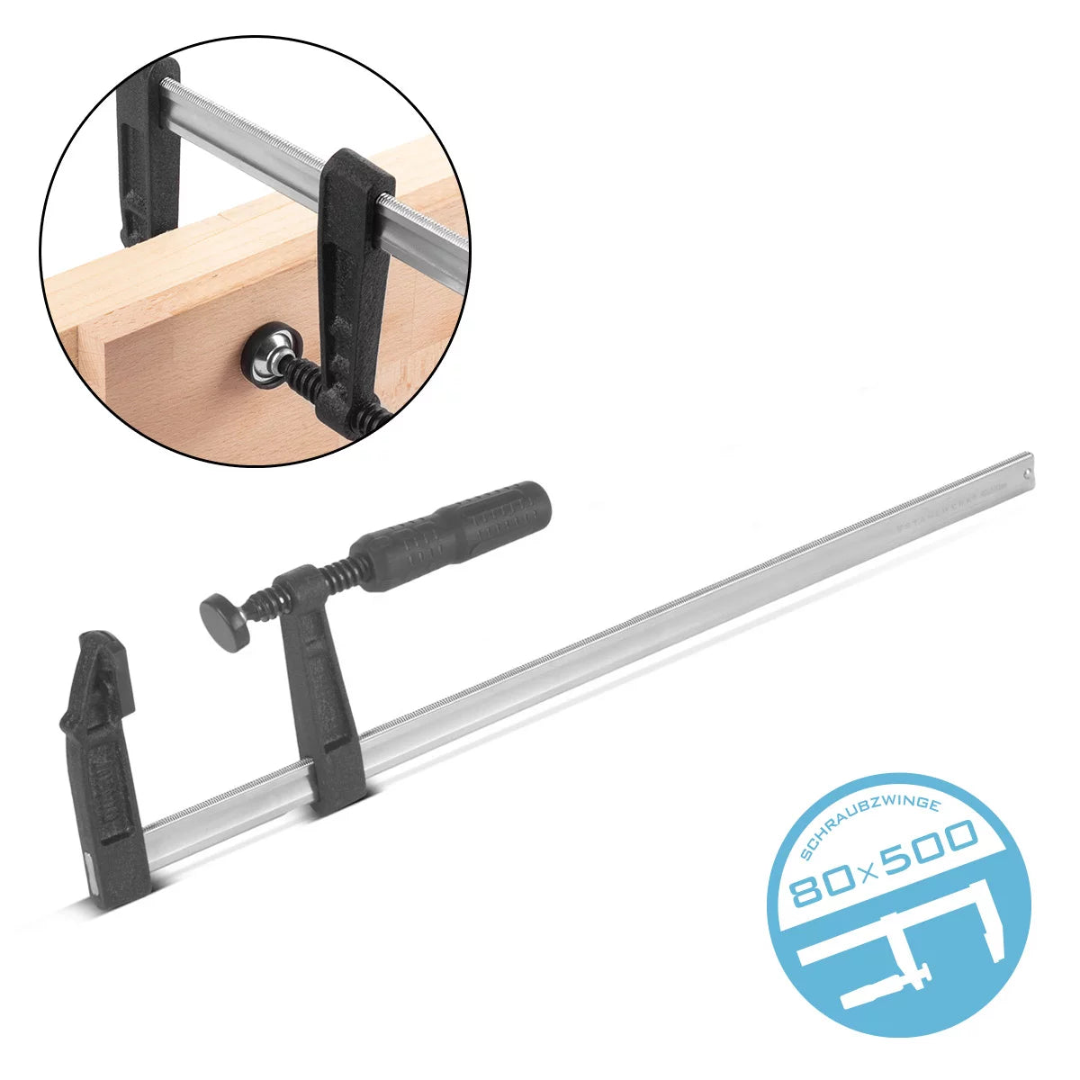 Steelworks screw clamp 80x500 mm | powerful clamping clamp made of steel and plastic | F-Zwinge for fixing workpieces | Stable clamp with span 500 mm, clamping depth 80 mm