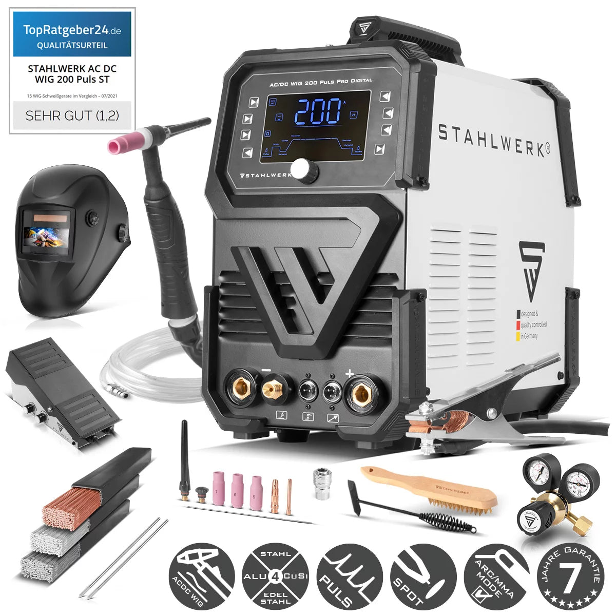 Steelworks Protection gas welding device AC/DC WIG 200 PULS Pro Digital Full equipment IGBT Inverter with 200 amperes, ARC/MMA function, job memory, pulse and spot function, suitable for aluminum and thin sheet