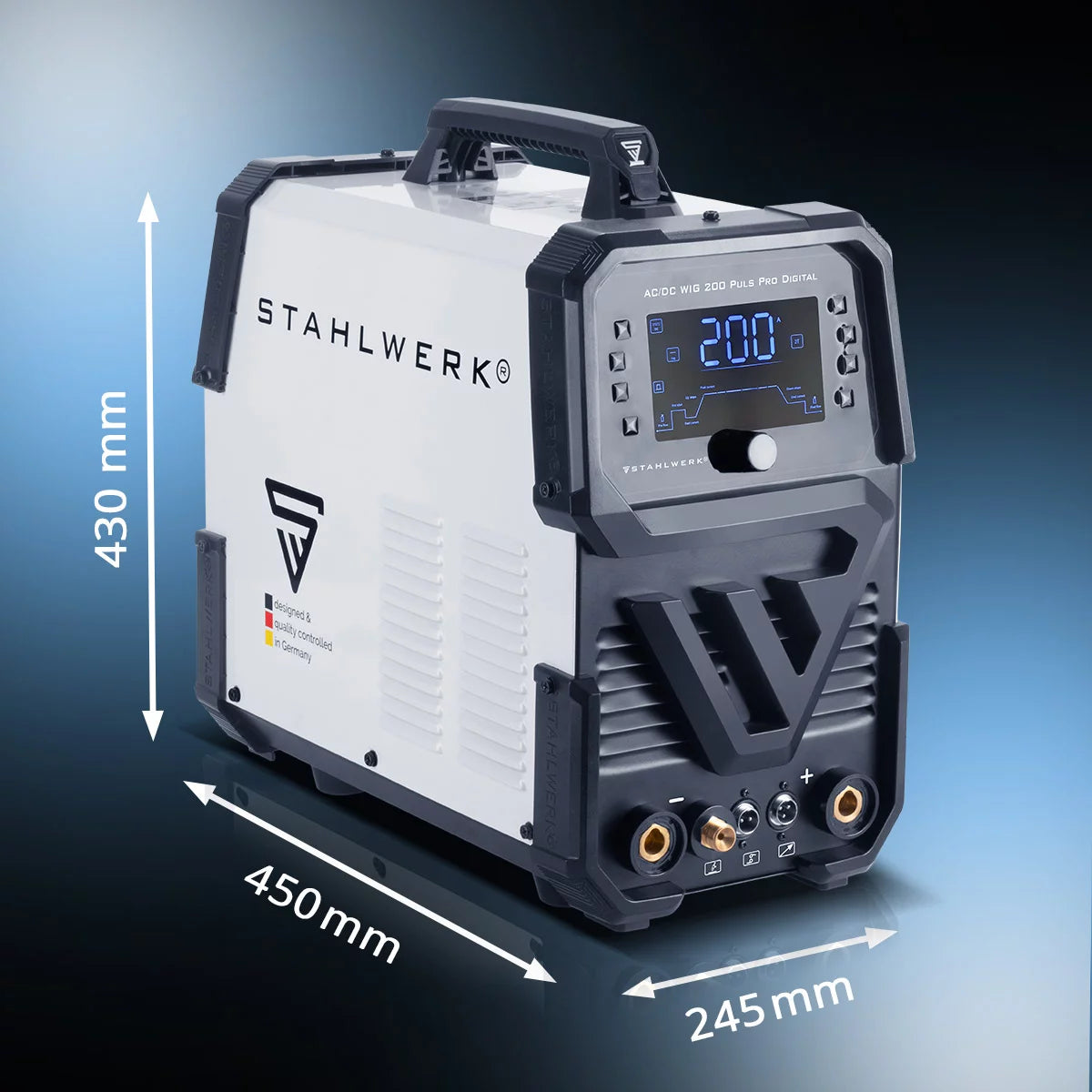 Dispositif de soudage à gaz de protection en acierworks AC / DC Wig 200 Puls Pro Digital | Onduleur IGBT avec 200 ampères, fonction arc / MMA, mémoire de travail, impulsion et fonction ponctuelle, adapté à l'aluminium et à la feuille mince