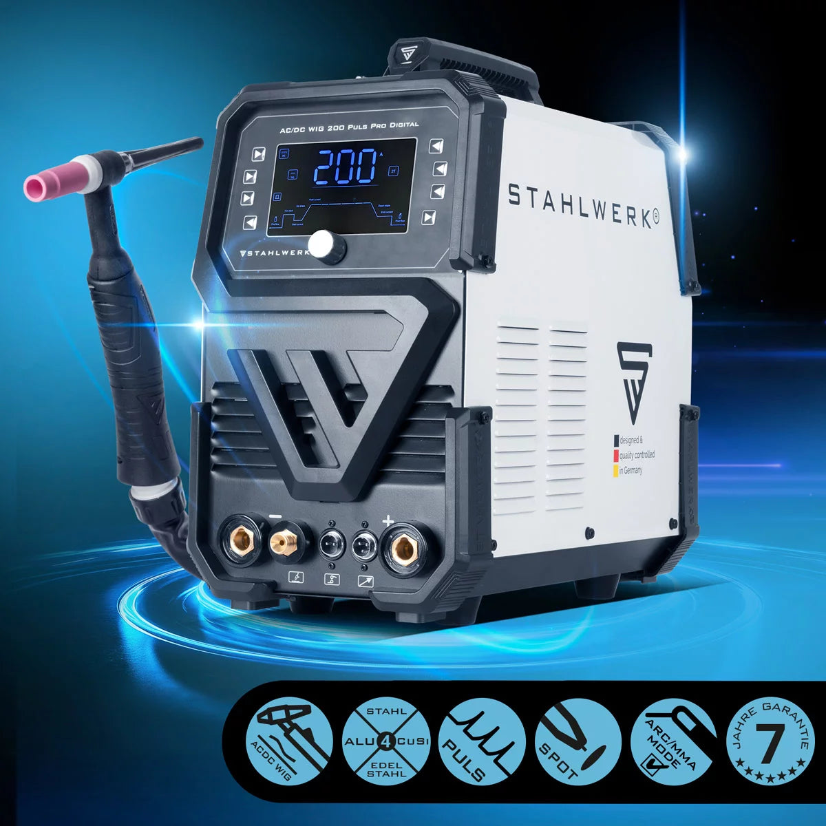 Steelworks Protection gas welding device AC/DC WIG 200 PULS Pro Digital Full equipment IGBT Inverter with 200 amperes, ARC/MMA function, job memory, pulse and spot function, suitable for aluminum and thin sheet
