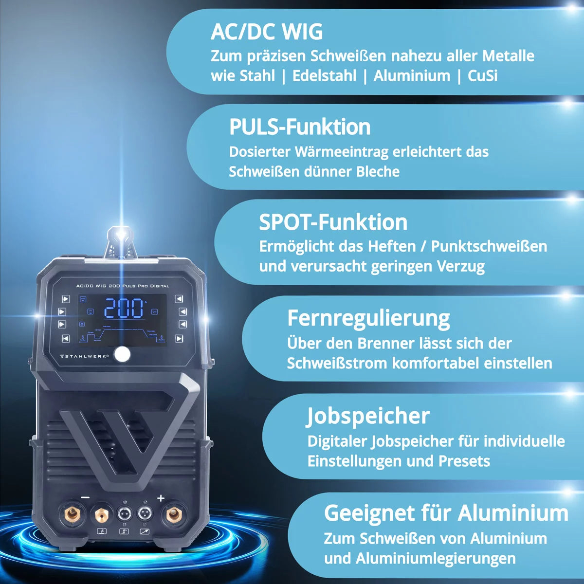 Dispositif de soudage à gaz de protection en acierworks AC / DC Wig 200 Puls Pro Digital | Onduleur IGBT avec 200 ampères, fonction arc / MMA, mémoire de travail, impulsion et fonction ponctuelle, adapté à l'aluminium et à la feuille mince