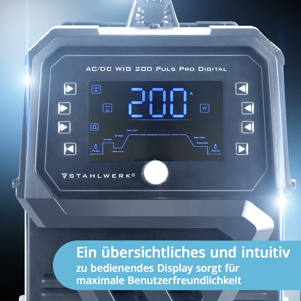 Dispositif de soudage à gaz de protection en acierworks AC / DC Wig 200 Puls Pro Digital | Onduleur IGBT avec 200 ampères, fonction arc / MMA, mémoire de travail, impulsion et fonction ponctuelle, adapté à l'aluminium et à la feuille mince