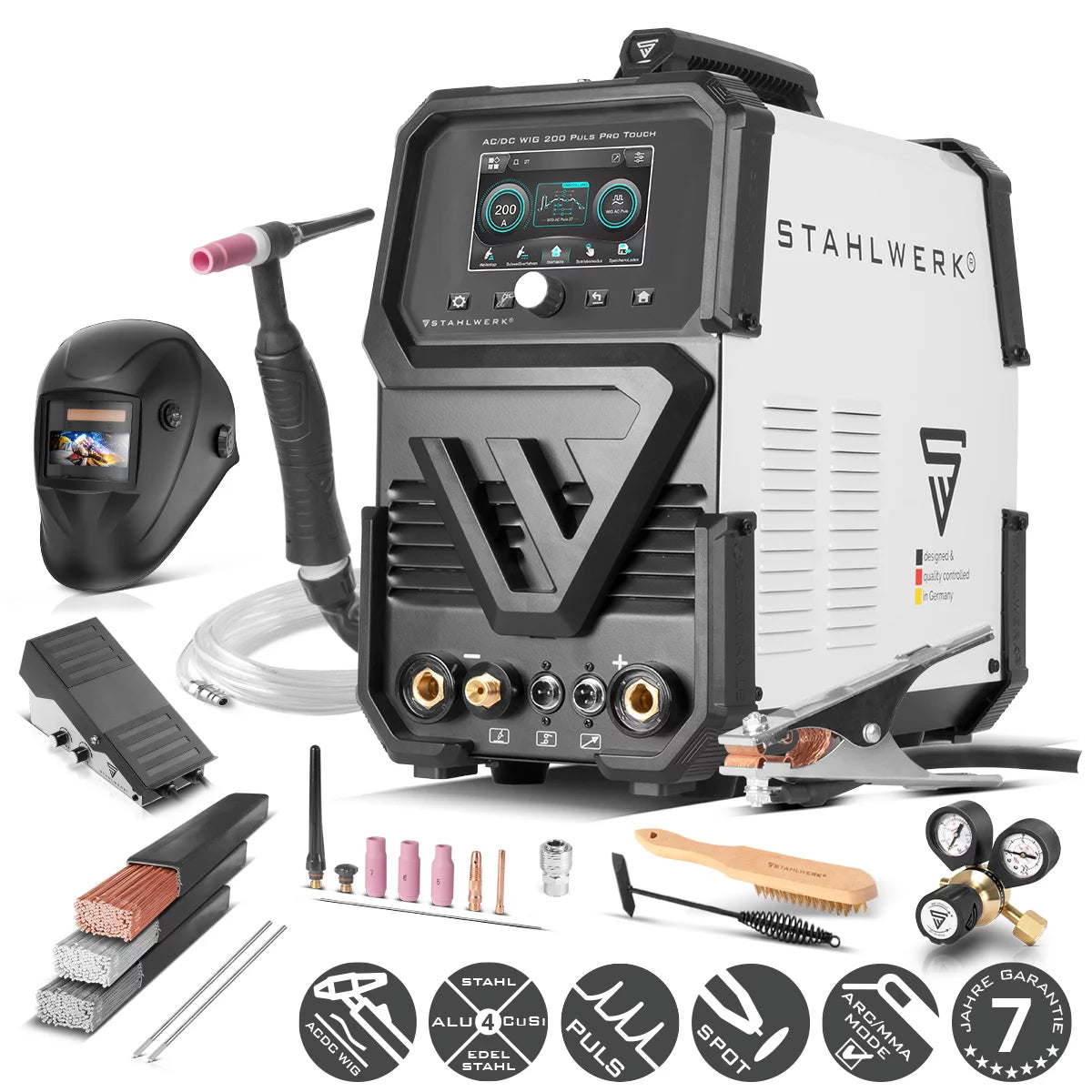 STAHLWERK inert gas welding machine AC/DC TIG 200 Puls Pro Touch fully equipped 200 amp IGBT inverter | ARC/MMA function | Job storage | Pulse and spot function suitable for aluminum and thin sheet metal