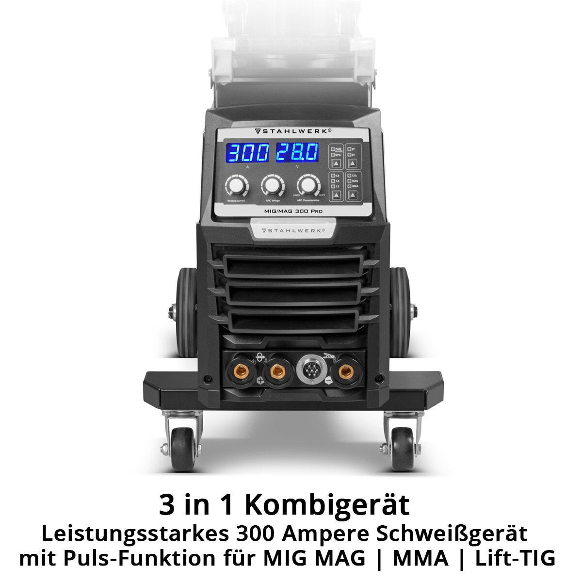 STAHLWERK Schweißgerät MIG MAG 300 Pro Vollausstattung Vollsynergischer IGBT Inverter mit 300 A und Puls-Funktion 3-in-1 Kombi-Schweißanlage MIG MAG | MMA | Lift-TIG