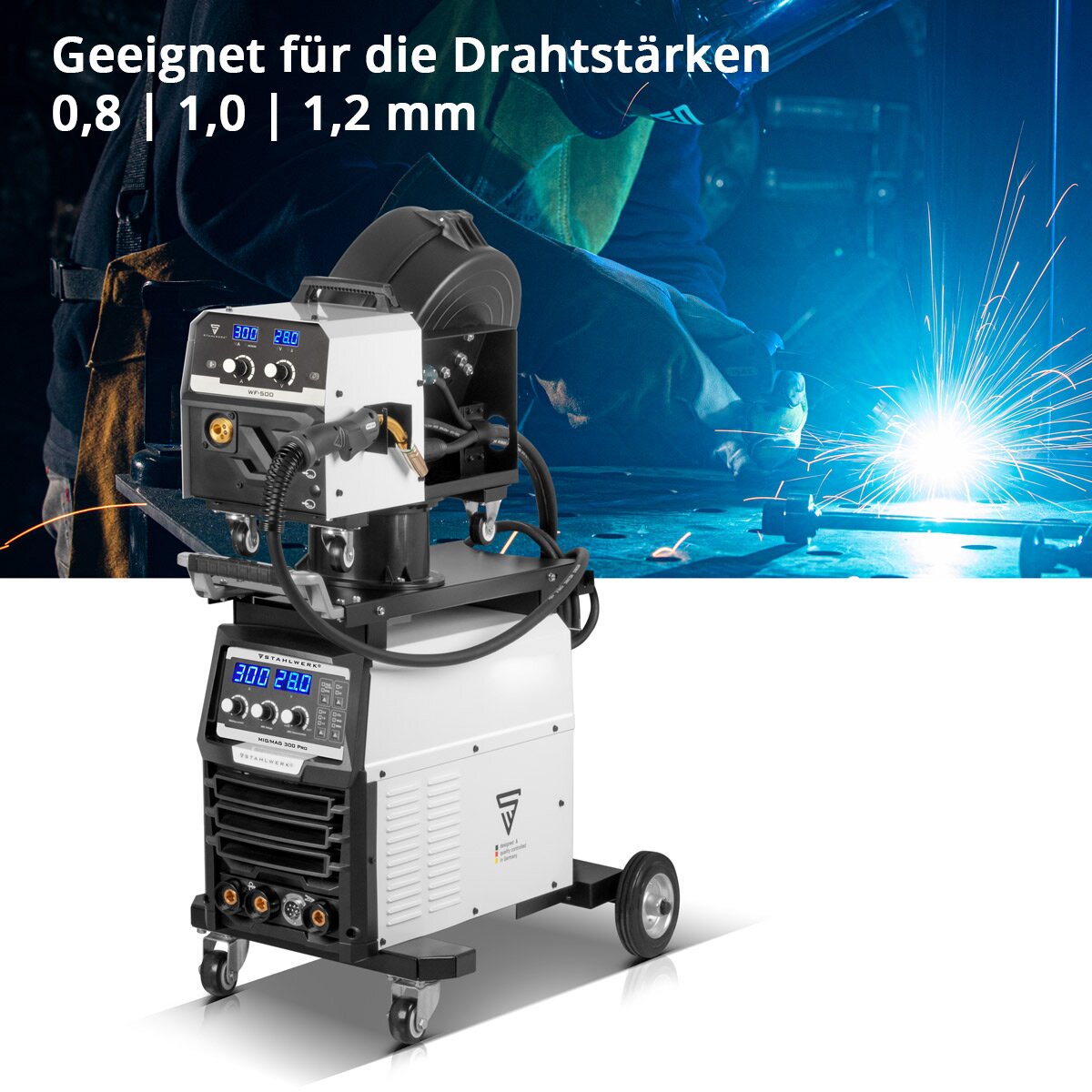 STAHLWERK Schweißgerät MIG MAG 300 Pro Vollausstattung Vollsynergischer IGBT Inverter mit 300 A und Puls-Funktion 3-in-1 Kombi-Schweißanlage MIG MAG | MMA | Lift-TIG