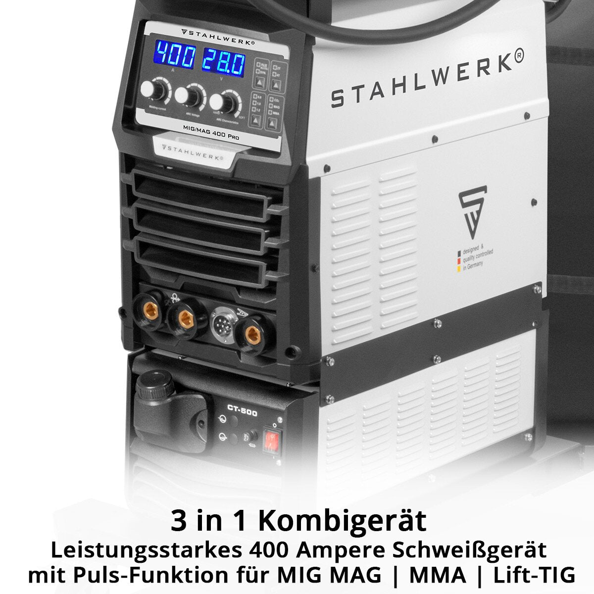STAHLWERK Schweißgerät MIG MAG 400 Pro Vollausstattung Vollsynergischer, wassergekühlter IGBT Inverter mit 400 A und Puls-Funktion 3-in-1 Kombi-Schweißanlage MIG MAG | MMA | Lift-TIG