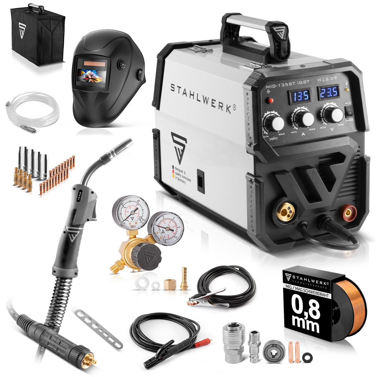 Steelworks welding machine MIG MAG 135 St IGBT Full equipment / protective gas welding device with a synergic wire feed and real 135 Ampere / combination welding device