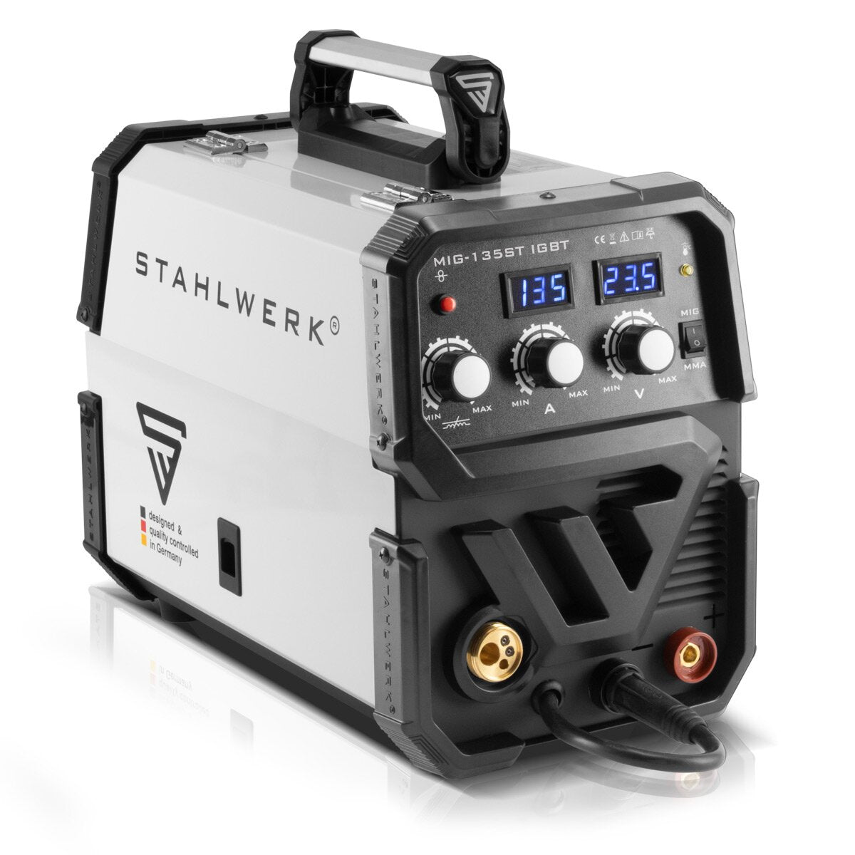 Steelworks welding machine MIG MAG 135 St IGBT Full equipment / protective gas welding device with a synergic wire feed and real 135 Ampere / combination welding device
