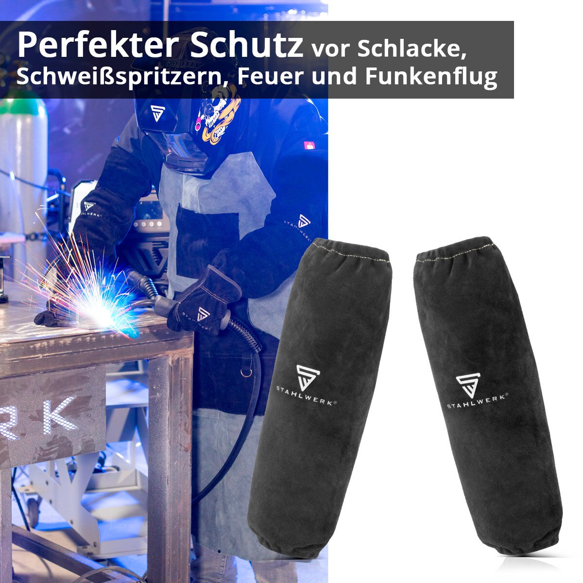Manches de soudage en acier | Pâte de soudage | Slerses de protection de soudage | Protection des soudeurs | Vêtements de protection de soudage avec une ceinture élastique en cuir divisé de haute qualité pour le soudage et la coupe du plasma