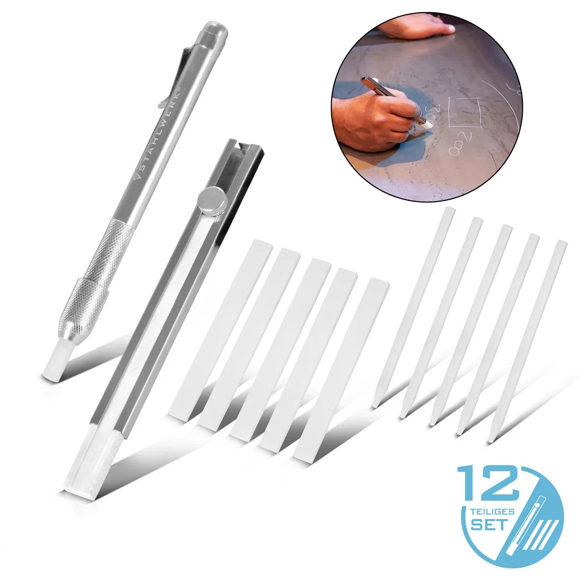 STAHLWERK Schweißerkreide Set 12-teilig, Kreidehalter flach und rund aus Aluminium, Specksteinstifte zum Nachfüllen mit 10 Specksteinkreidestücken zum Markieren auf Stahl, Edelstahl, Aluminium