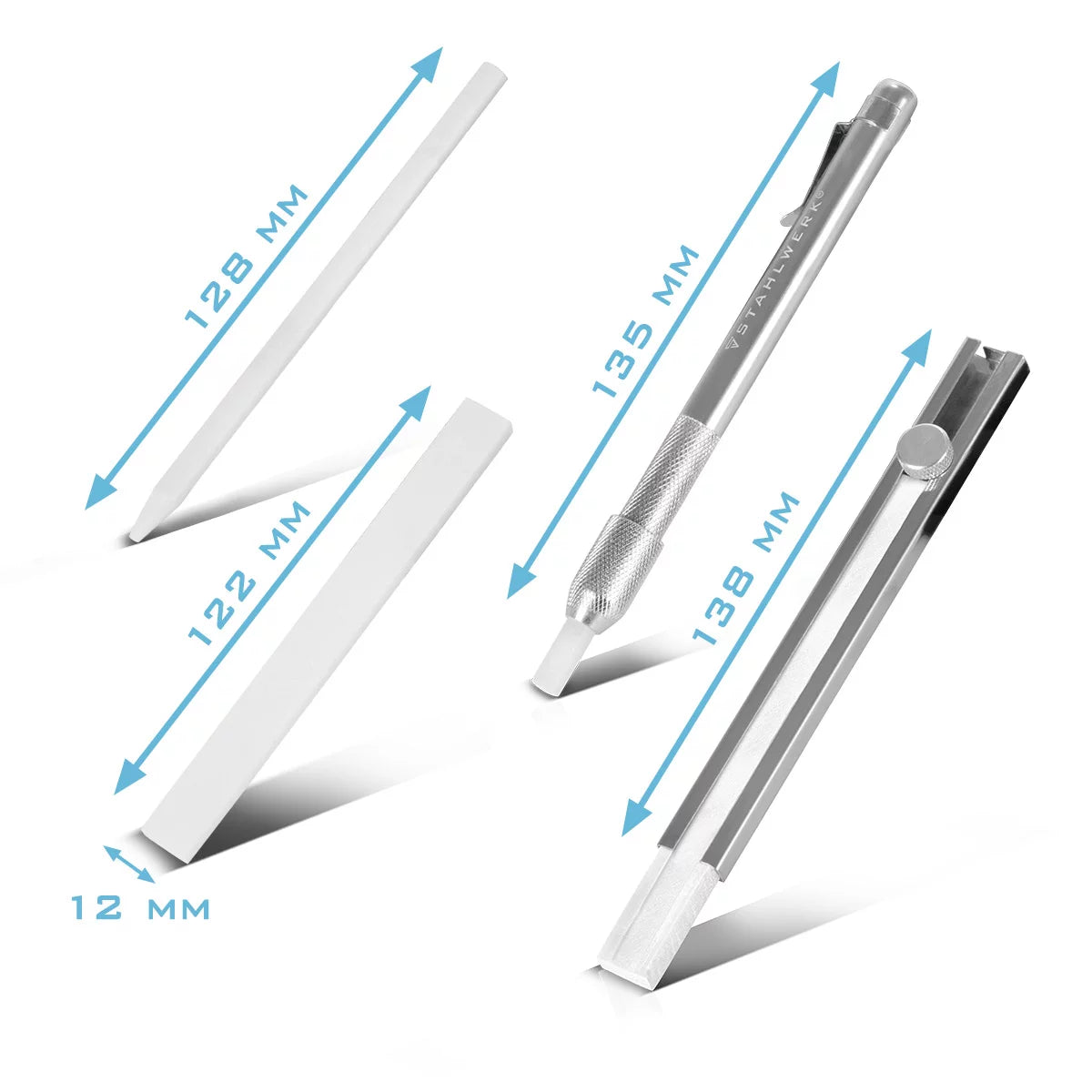 STAHLWERK Juego de tizas para soldar 12 piezas, soporte para tiza plano y redondo de aluminio, lápices de esteatita para rellenar con 10 piezas de tiza de esteatita para marcar en acero, acero inoxidable, aluminio