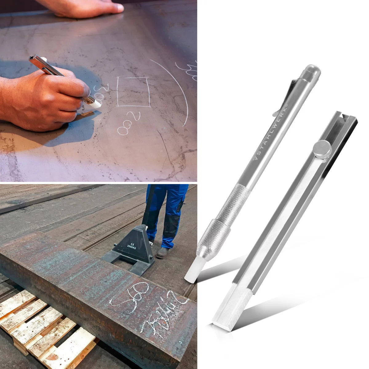 STAHLWERK Juego de tizas para soldar 12 piezas, soporte para tiza plano y redondo de aluminio, lápices de esteatita para rellenar con 10 piezas de tiza de esteatita para marcar en acero, acero inoxidable, aluminio