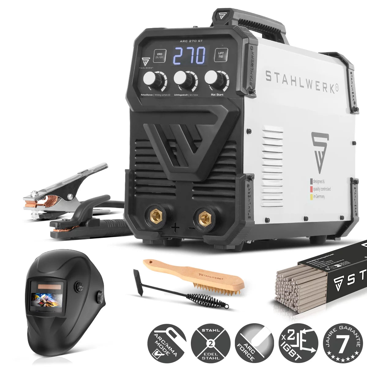 STAHLWERK ARC 270 ST Poste à souder IGBT entièrement équipé Soudeur DC MMA / E-hand, fonction lift-TIG avec 270 ampères réels, très compact, 400V, blanc