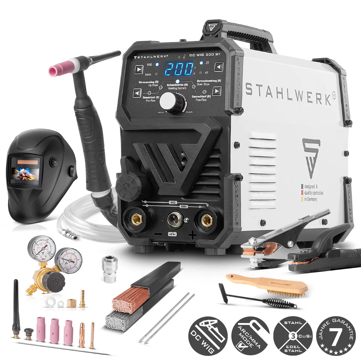 STAHLWERK DC TIG 200 ST - مجموعة معدات كاملة - آلة لحام TIG مع 200 أمبير وMMA، ولحام الفولاذ والفولاذ المقاوم للصدأ وغير ذلك الكثير. (لا يوجد لحام ALU)