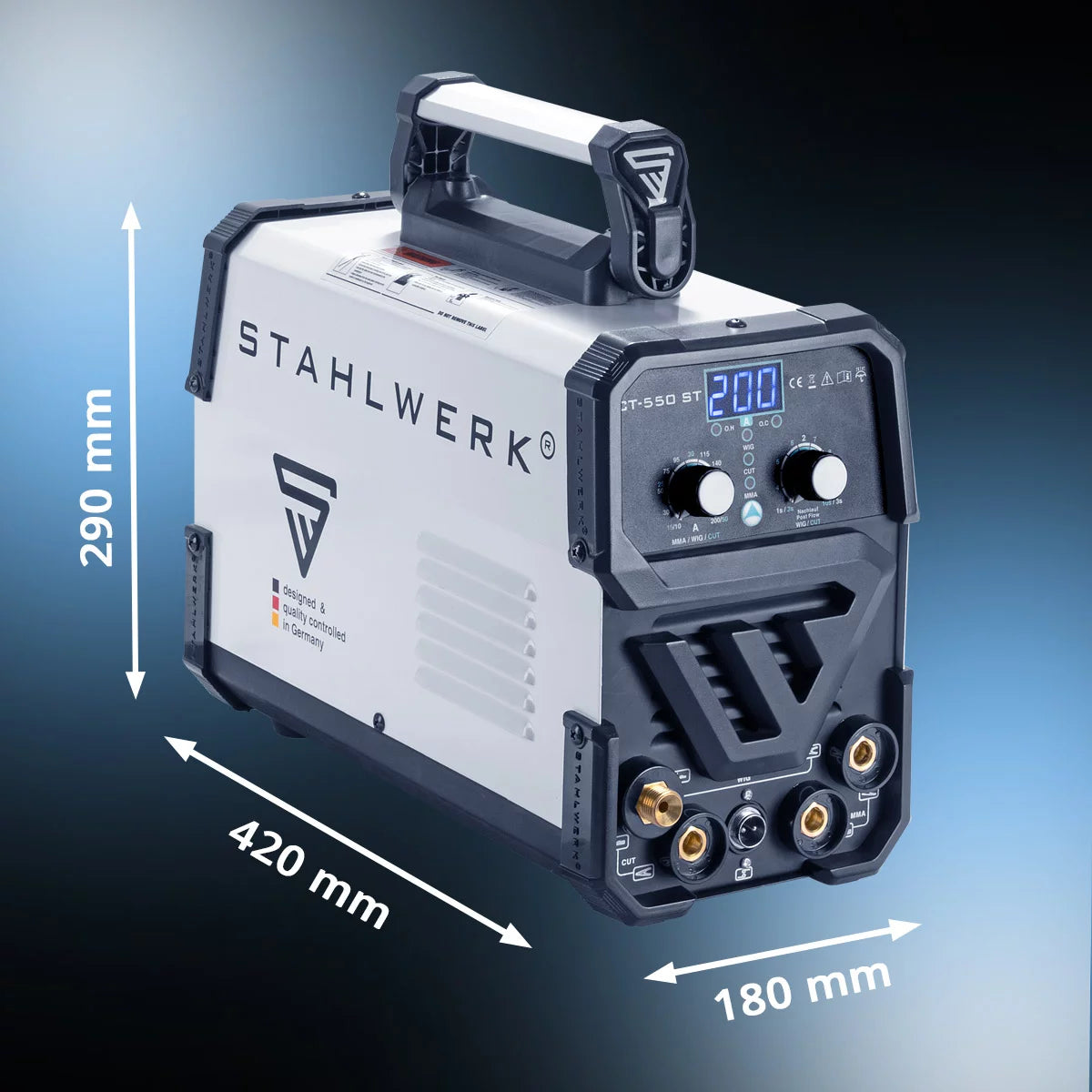 Steelworks 3 en 1 Dispositivo de soldadura Combi CT 550 ST IGBT con dispositivo de soldadura de electrodo y plasma / peluca DC MMA con cortador de plasma de hasta 12 mm, 200 amperios de peluca / MMA + 50 A Cut