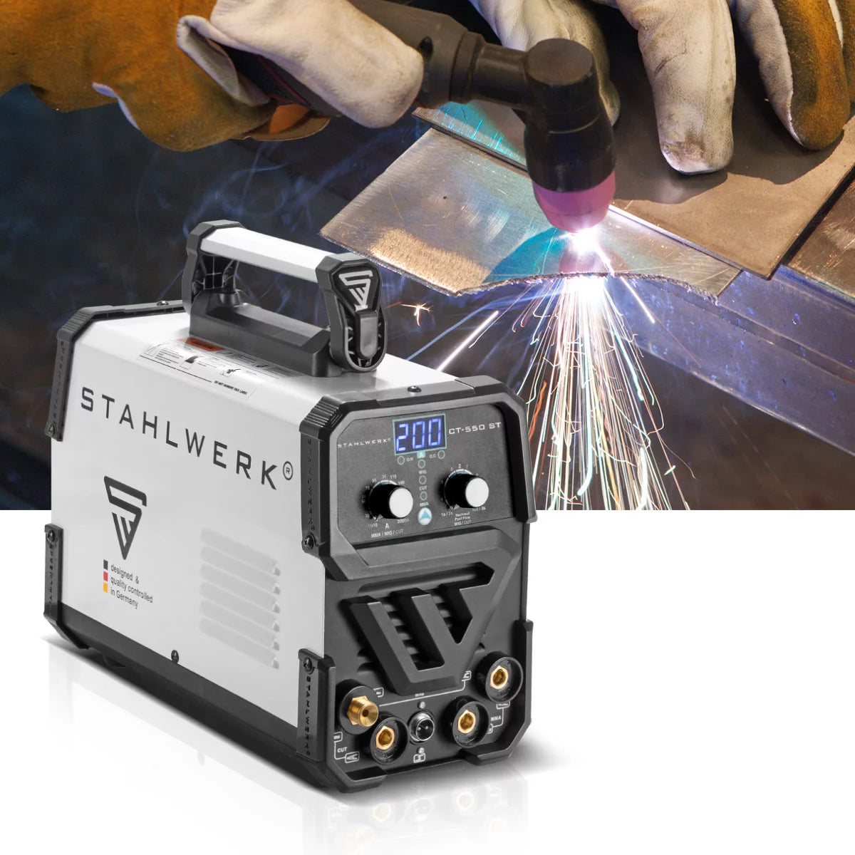 Steelworks 3 en 1 Dispositivo de soldadura Combi CT 550 ST IGBT con dispositivo de soldadura de electrodo y plasma / peluca DC MMA con cortador de plasma de hasta 12 mm, 200 amperios de peluca / MMA + 50 A Cut