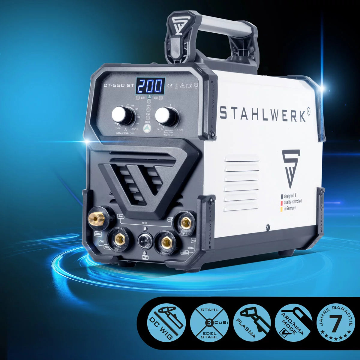 Steelworks 3 in 1 combi welding device CT 550 ST IGBT with electrode and plasma function / DC WIG MMA welding device with plasma cutter up to 12mm, 200 ampere WIG / MMA + 50 A cut