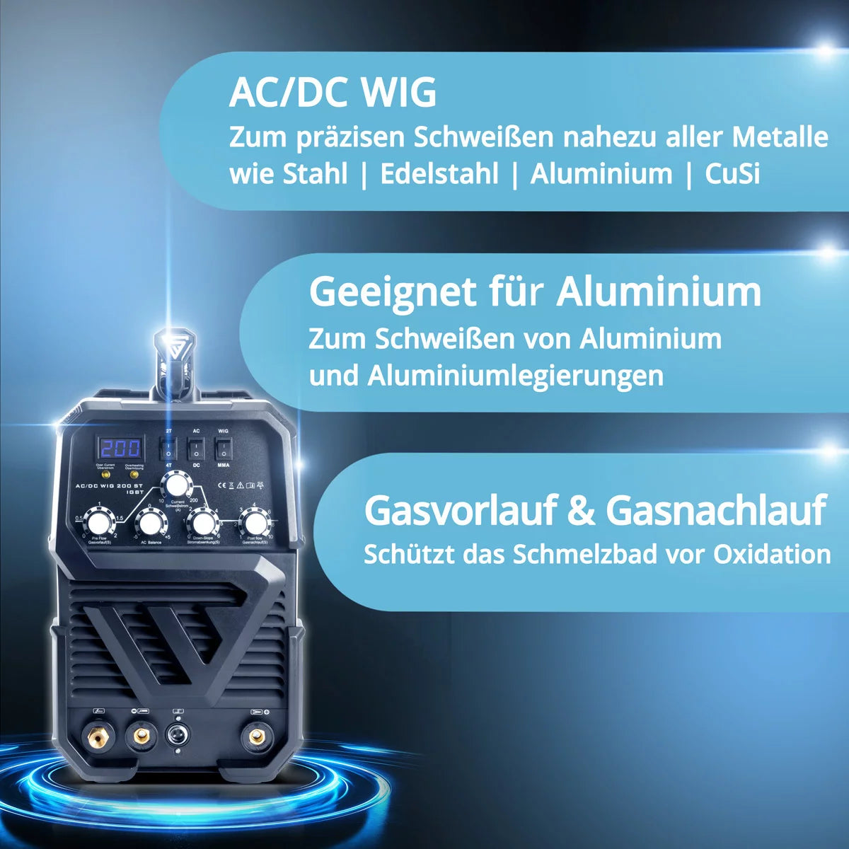 Steelworks welding machine AC / DC WIG 200 ST IGBT / COMBICH and combination device / station wagon welding system with 200 A WIG & MMA, aluminum suitable