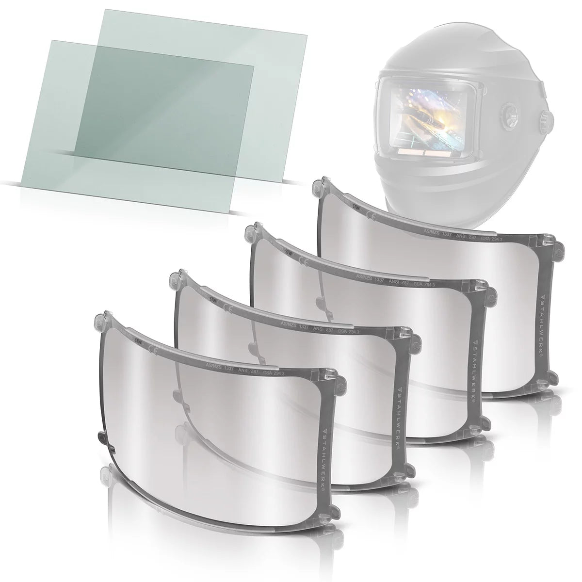 STAHLWERK Welding Helmet Lenses Set of 6 | Replacement lenses inside and outside | Welding protection glass | Visor lens | Protective glass according to EN ISO 16321 | Replacement lenses for the fully automatic welding helmet BOOSTER