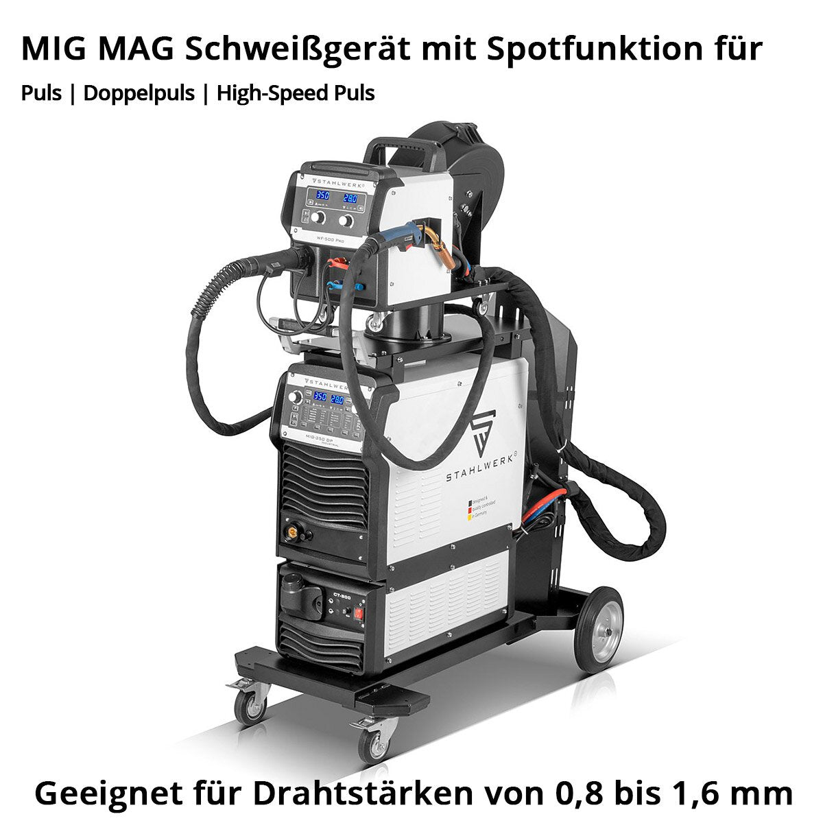 Saldatura industriale in acciaio MIG 350 DP Attrezzatura completa di inverter IGBT a raffreddamento ad acqua con 350 A e funzione spot, sistema Mig Mag Weiss con puls | Double Pulse | Impulso ad alta velocità