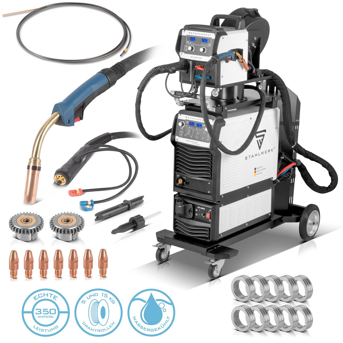 STAHLWERK Industrie-Schweißgerät MIG MAG 350 DP Vollsynergischer, wassergekühlter IGBT Inverter mit 350 A und Spot-Funktion, MIG MAG Schweißanlage mit Puls | Doppelpuls | High-Speed Puls