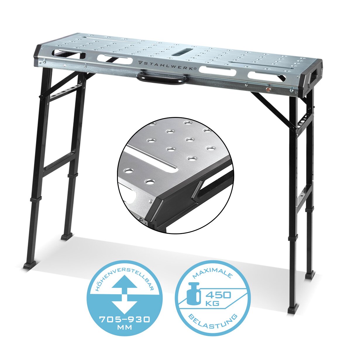 STAHLWERK Mobiler Schweißtisch AWT-930 ST 1068 x 532 mm Höhenverstellbare, klappbare Werkbank | Werktisch | Montagetisch mit 705 - 930 mm Hubbereich, 450 kg Tragkraft und D20 Lochplatte