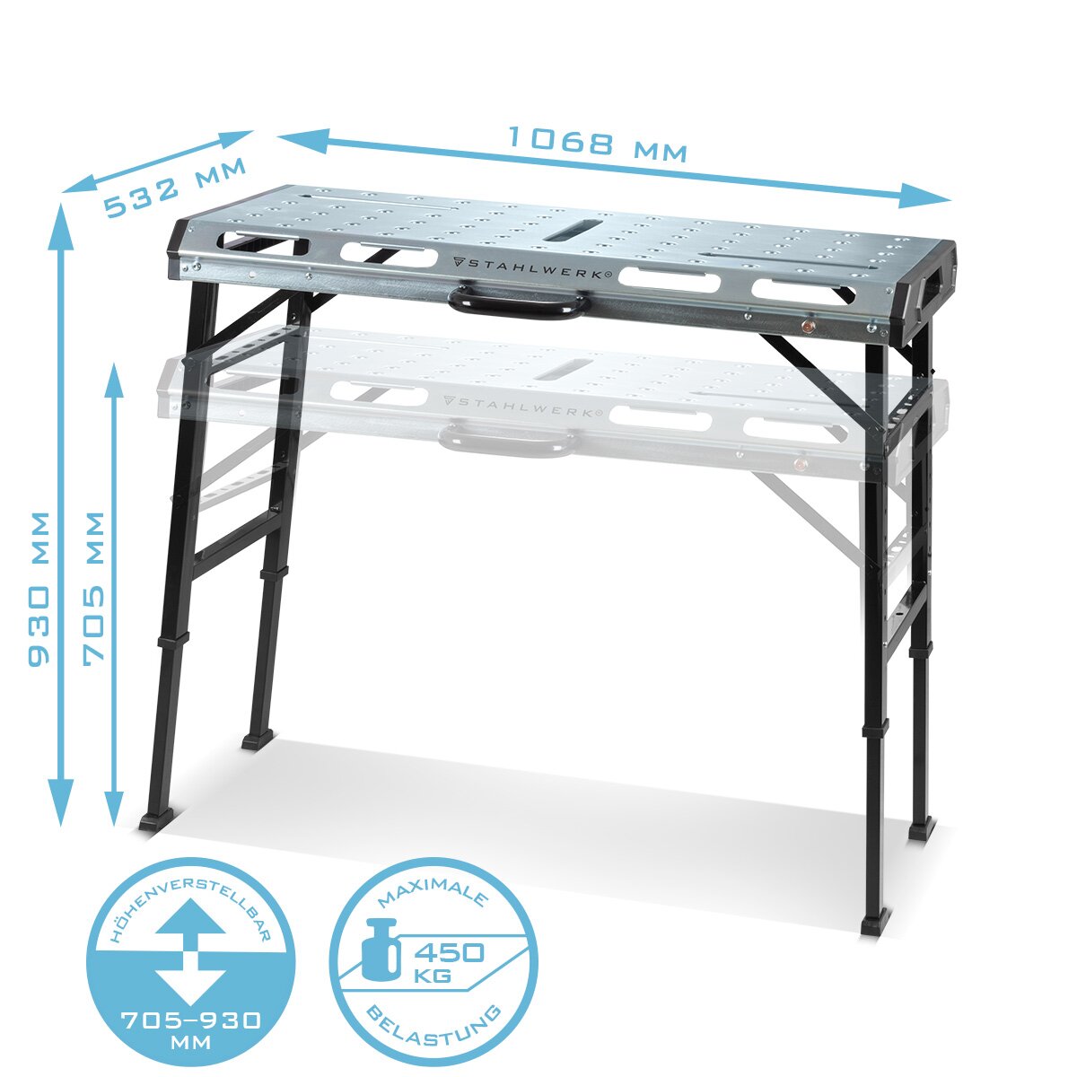 STAHLWERK طاولة لحام متنقلة AWT-930 ST 1068 x 532 mm طاولة عمل قابلة لضبط الارتفاع وقابلة للطي | طاولة العمل | طاولة تجميع بنطاق رفع 705 - 930 مم، وسعة تحميل 450 كجم ولوحة مثقوبة D20