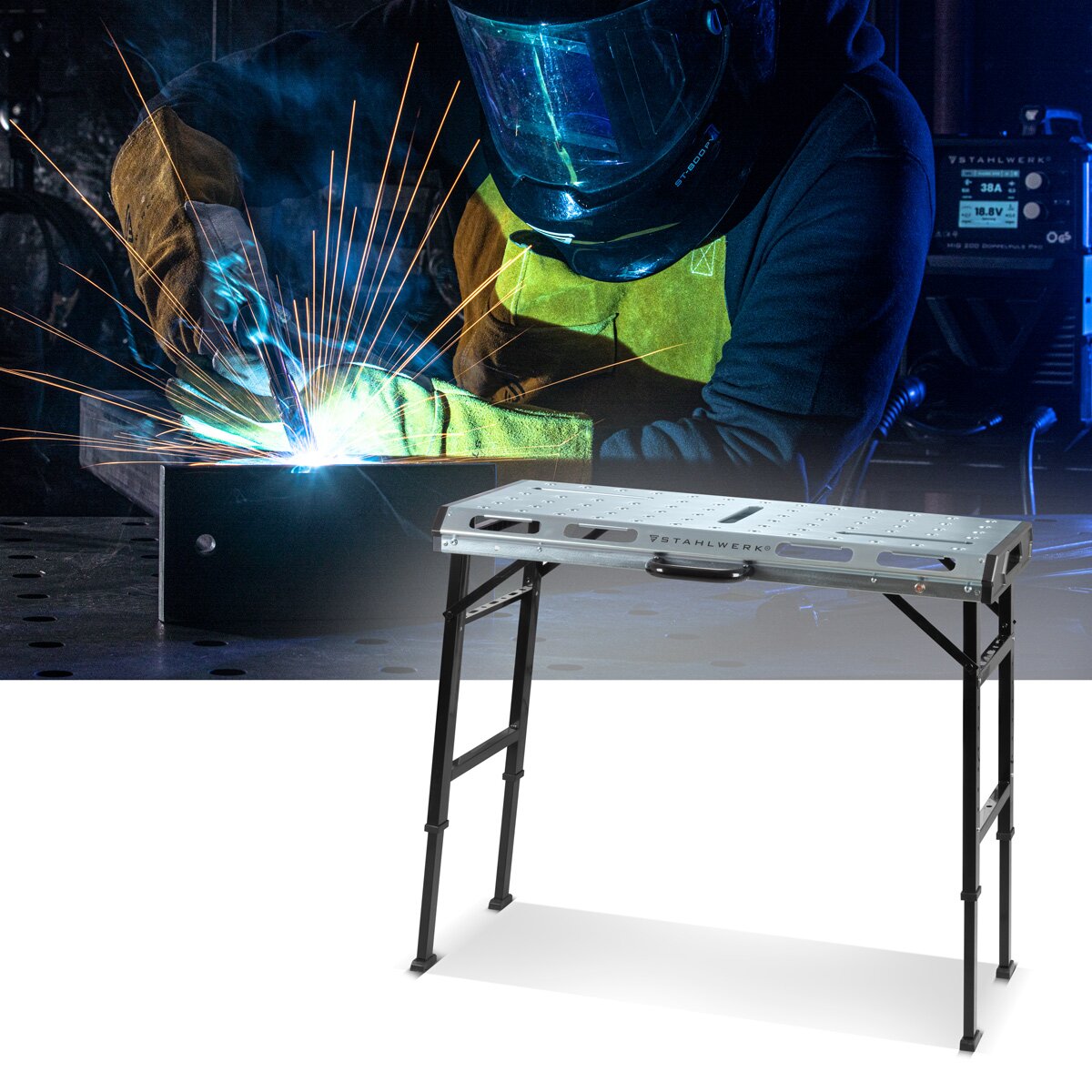 STAHLWERK طاولة لحام متنقلة AWT-930 ST 1068 x 532 mm طاولة عمل قابلة لضبط الارتفاع وقابلة للطي | طاولة العمل | طاولة تجميع بنطاق رفع 705 - 930 مم، وسعة تحميل 450 كجم ولوحة مثقوبة D20