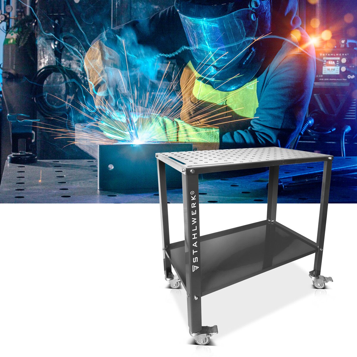 Steelworks Welding table WT-960 ST 915 x 457 mm galvanized assembly table with 200 kg load capacity, D22 perforated plate, powder-coated legs and storage compartment