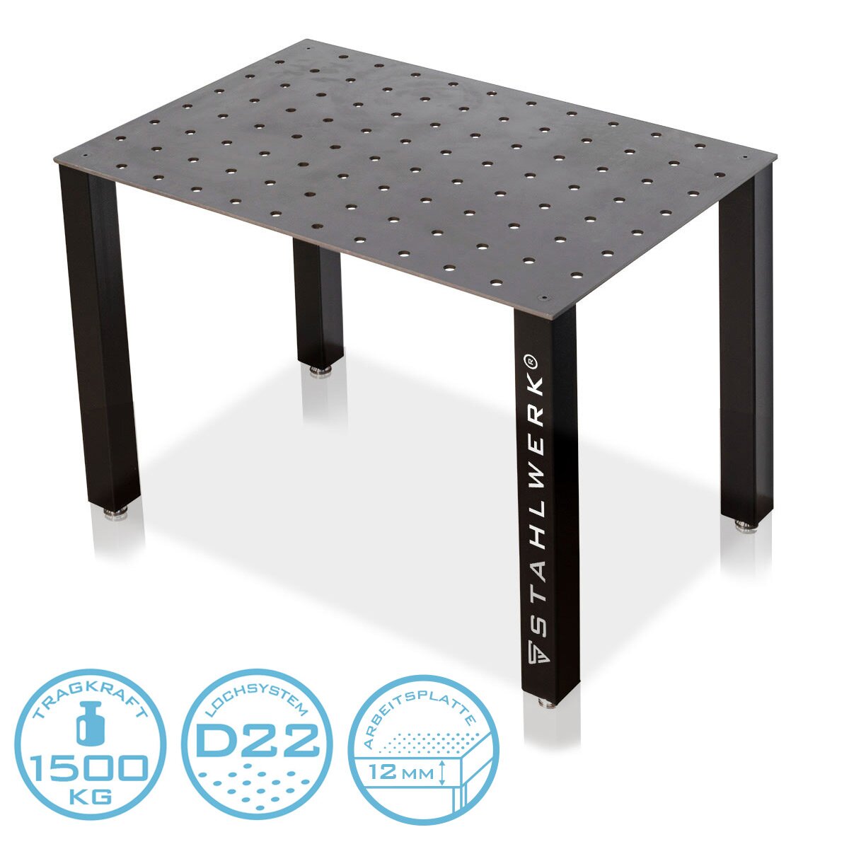 STAHLWERK Schweißtisch Montagetisch DIY-Bausatz mit massiver 12 mm Arbeitsplatte hochbelastbarer S355 Stahl, pulverbeschichtete Beine, nivellierbare Edelstahlfüße, Tragkraft bis 1,5 t