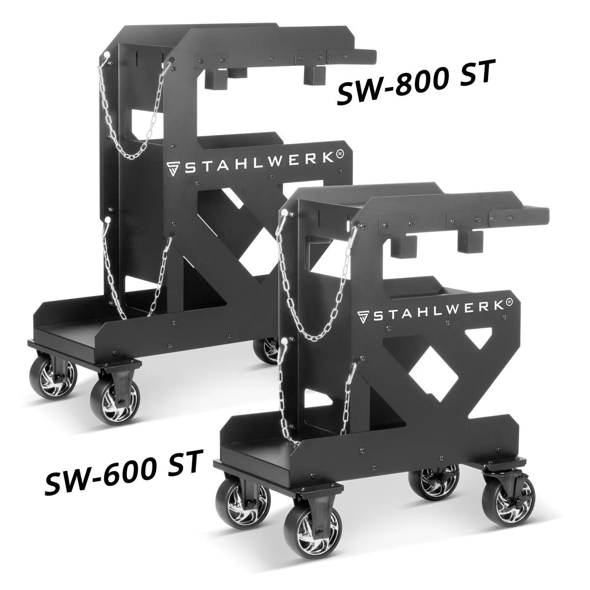 Carro de soldadura STAHLWERK SW-600-ST | Grosor de pared de 1,5 mm | Carro robusto para equipos de soldadura | Carro de transporte para cortadora de plasma con soporte para manguera y cable | Gasflaschen-Kettensicherung | Ruedas de goma de larga duración.