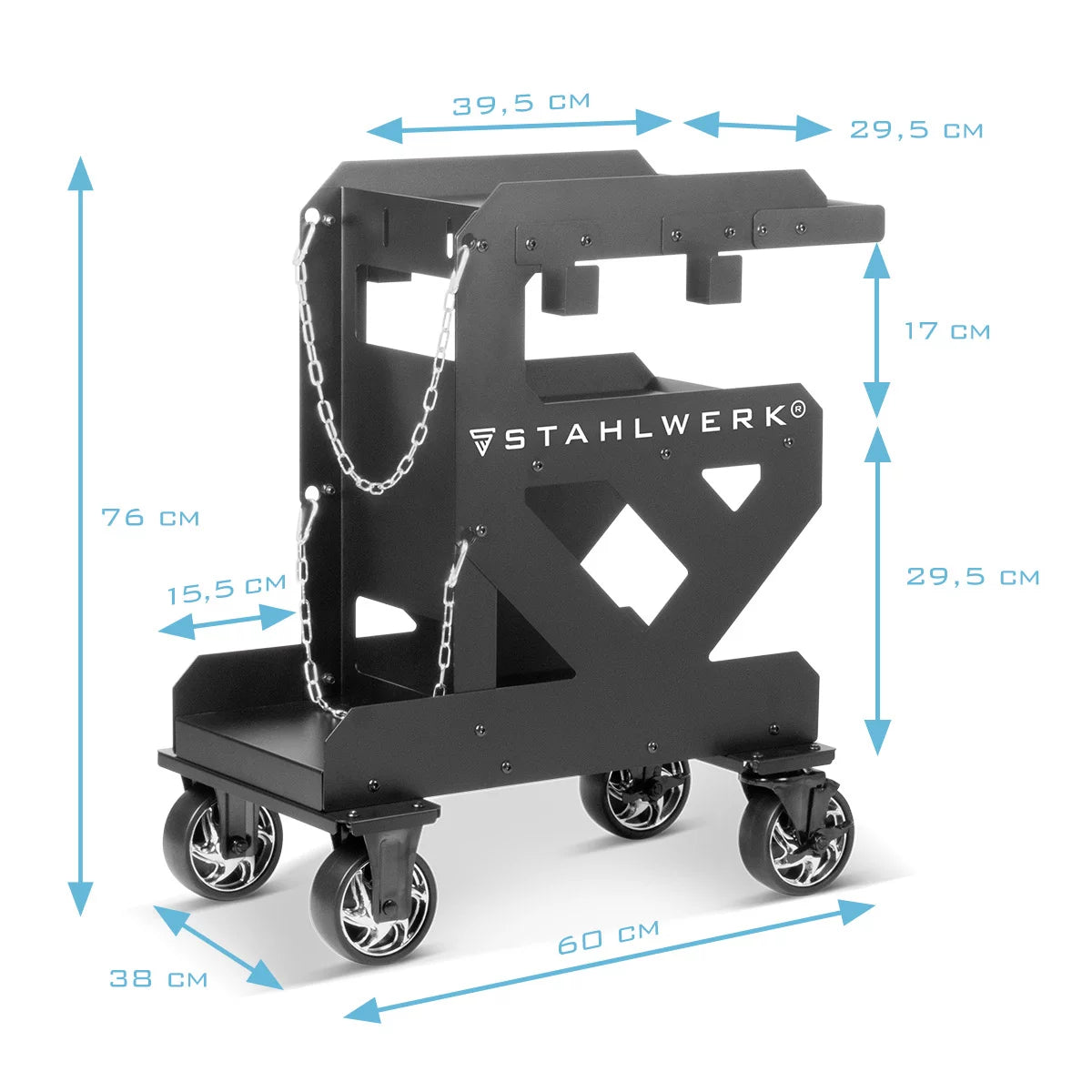 STAHLWERK welding trolley SW-600-ST | 1.5mm wall thickness | Robust welding equipment trolley | Plasma cutter transport trolley with hose and cable holder | Gas bottle chain lock | Longlife rubber wheels