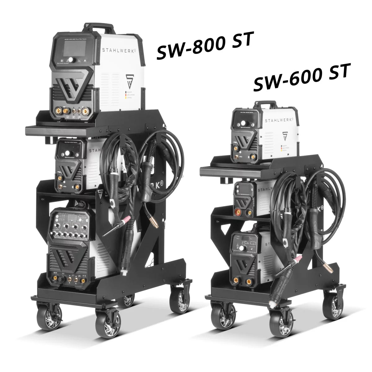 STAHLWERK Schweißwagen SW-800-ST mit 1,5 mm Wandstärke | Longlife-Gummirollen | Gerätewagen für Schweißgeräte und Plasmaschneider mit Kabel- und Schlauchhalterung sowie Kettensicherung für Gasflaschen