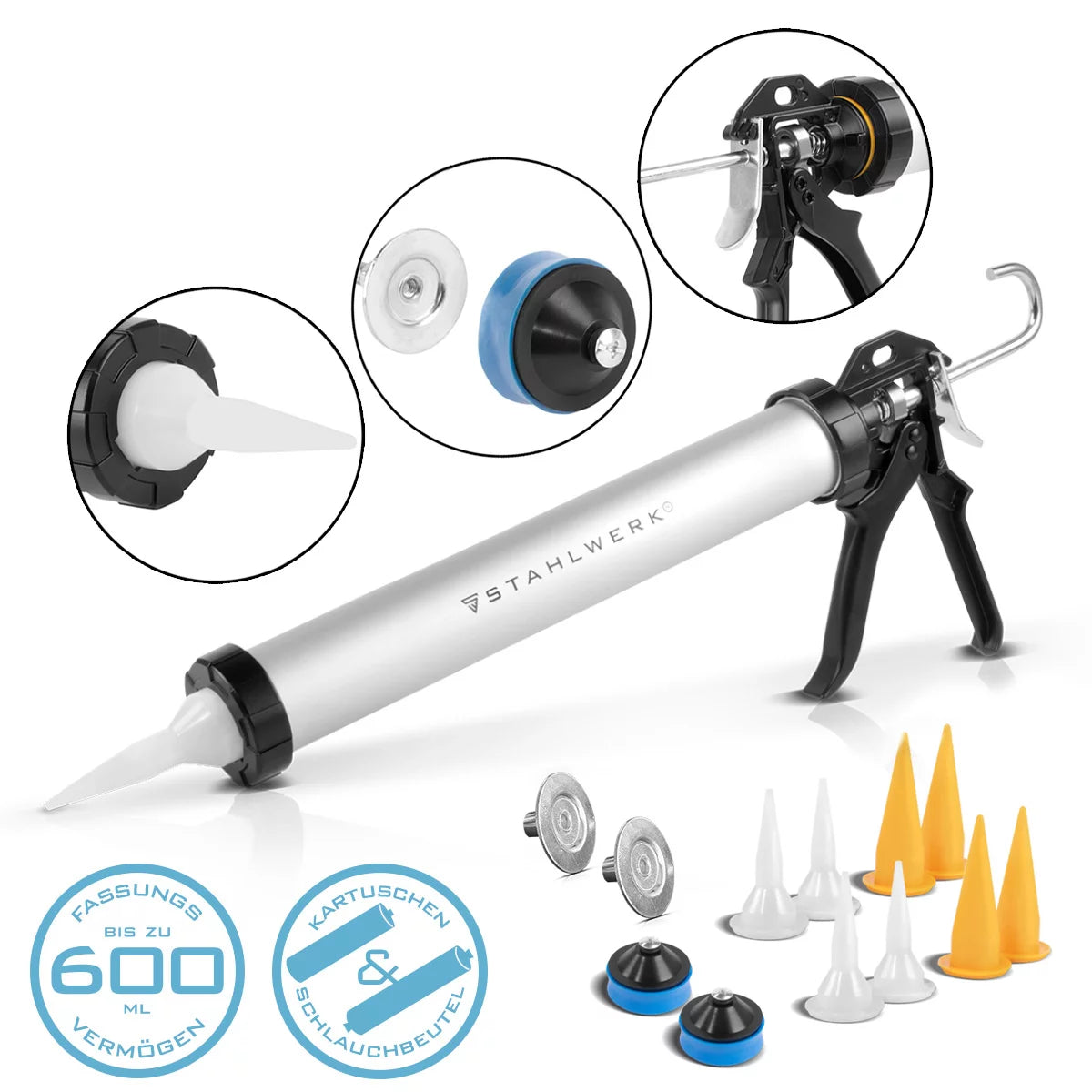 Steelworks Silicone pistol SP-600 ST 600 ml cartridge press / cartridge gun made of stable aluminum for cartridges and bags for silicone and applying adhesive and sealing materials