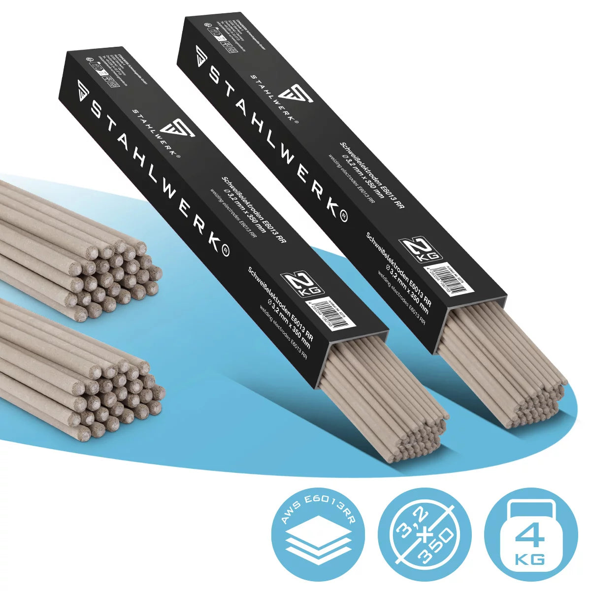 STAHLWERK 2x elettrodi a barra AWS E6013RR rivestimento rutile spesso 3,2 x 350 mm, corrente di saldatura 90-130 A, elevata purezza chimica, 2 kg MMA ARC.
