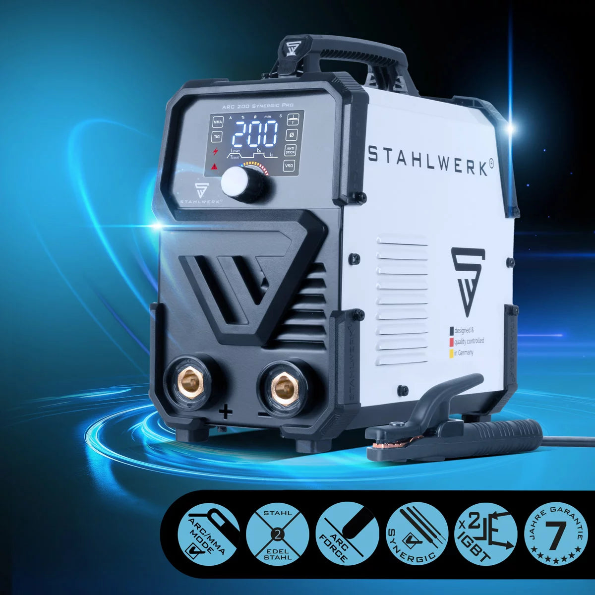 STAHLWERK ARC 200 Synergic Pro Electrode Welding Machine, MMA entièrement synogie | E-main | Onduleur de lifting-tig avec une technologie de 200 ampères et IGBT